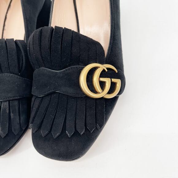 Gucci Marmont Black Suede GG Logo Kiltie Fringe Block Heel Loafer Pumps EU 37 - Picture 7 of 14